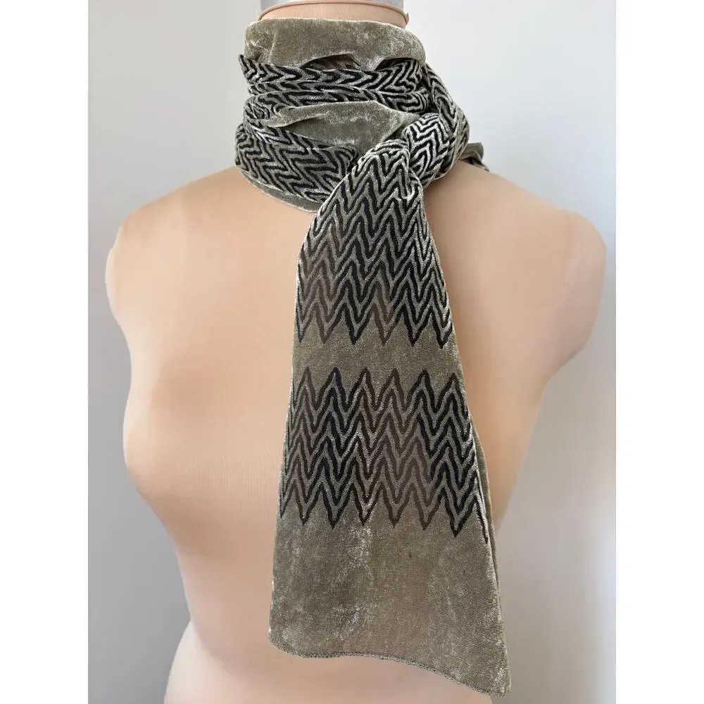 Olive Taupe Black Chevron Pattern Velvet Burnout Neck Scarf Y2K FLAW